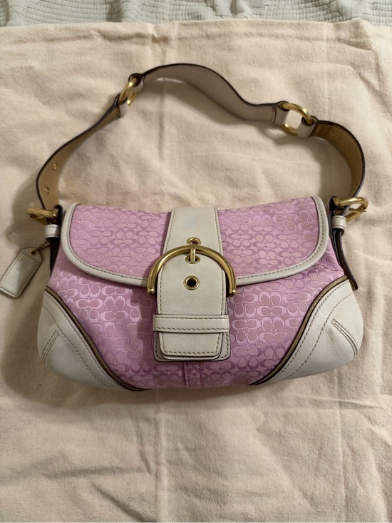 Coach Handbags - Vintage Coach Pink Signature Jacquard Shoulder Bag Purse – Ivory Leather Trim
